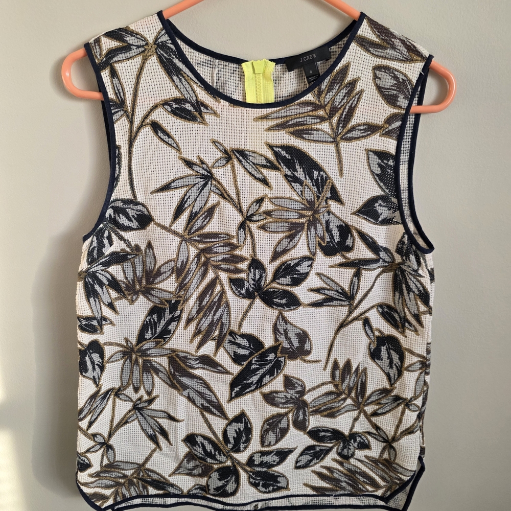 J. Crew Ladies Size 6 Leaf-Print Breathable Top 100% Cotton Navy Blue Tan